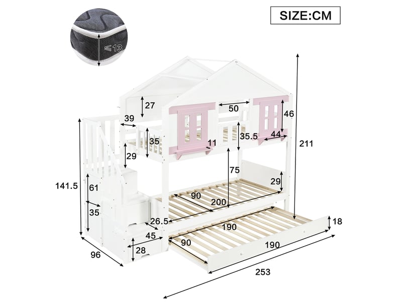  Lit superposé enfant 90x200 cm avec lit gigogne et rangement blanc et rose  - Conforama C