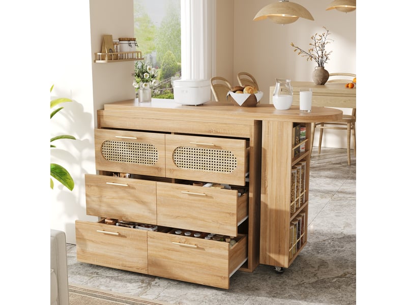 Table bar modenvie pivotante 128-203 cm avec 6 tiroirs, rangement latéral, mdf et métal, naturel - Conforama E