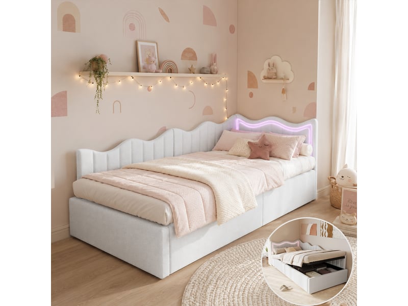 Lit capitonné 90x200cm avec led - lit enfant avec sommier - coffre de rangement - 1 personne - lit de jour - tissu sherpa - blanc - Conforama B