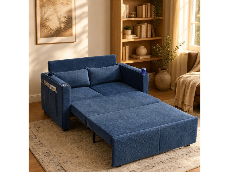  Canapé droit convertible 2 places en tissu bleu marine avec usb, système coulissant, idéal pour petits espaces  - Conforama B