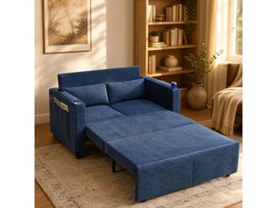 Canapé droit convertible 2 places en tissu bleu marine avec usb, système coulissant, idéal pour petits espaces