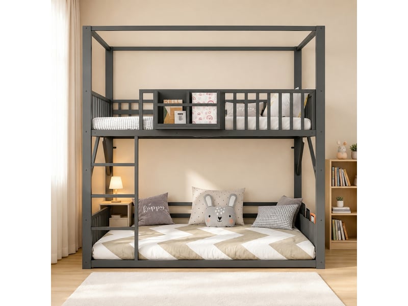  Lit superposé enfant 90x200 cm - 2 couchages - structure métal avec toit - barrière de sécurité - rangement - noir  - Conforama B
