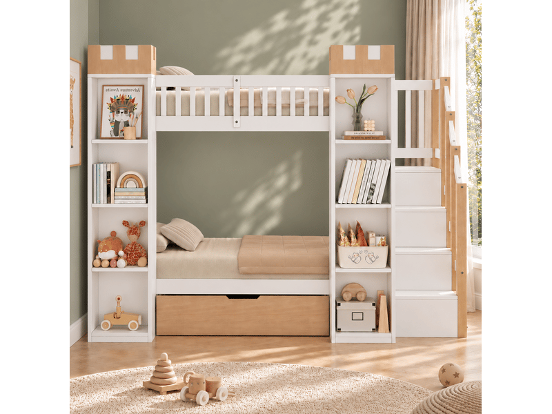  Lit superposé enfant château 2x90x200 cm blanc et bois avec rangement  - Conforama D