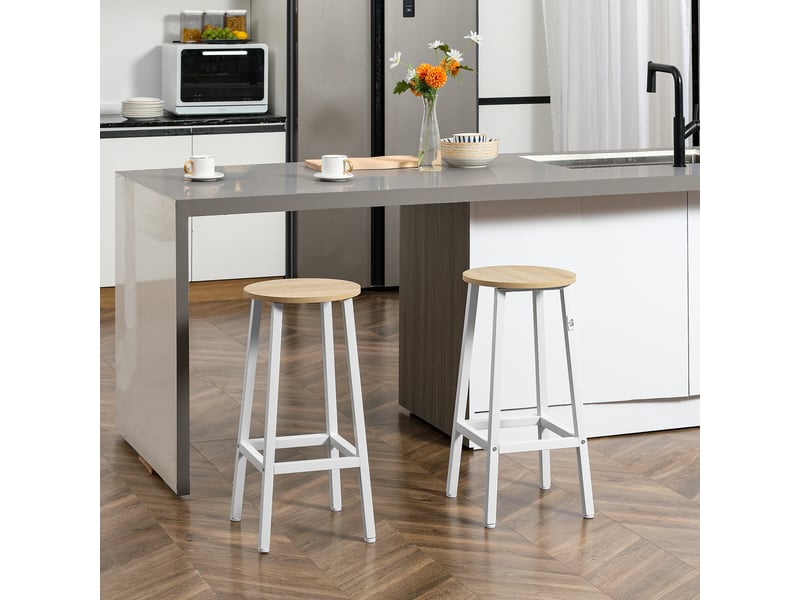  Lot de 2 tabourets de cuisine hauts avec assise en mélamine et pieds en acier 32,5 x 32,5 x 65 cm, coloris naturel et blanc  - Conforama D