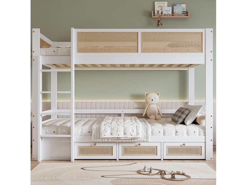  Modenvie lit superposé enfant 90x200 cm - avec 3 tiroirs, barrières de sécurité, sans matelas - blanc et naturel  - Conforama D