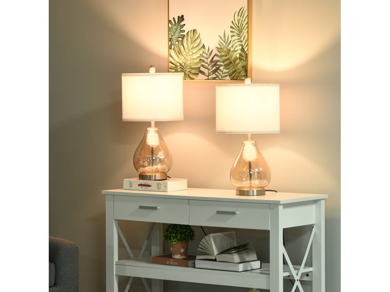  Lot de 2 lampes de table e27 40 w en verre, acier et lin, ambre, ø30 x 56 cm  - Conforama B