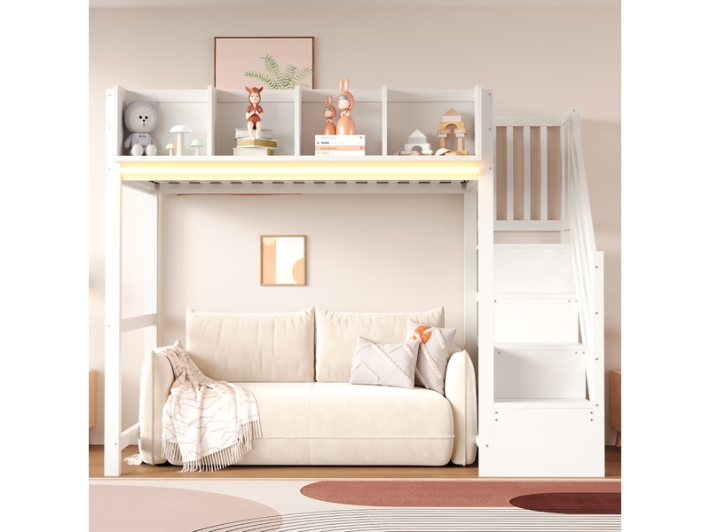  Lit mezzanine 90 x 200 cm en bois avec garde-corps, étagère, led, échelle et espace ouvert, blanc  - Conforama C