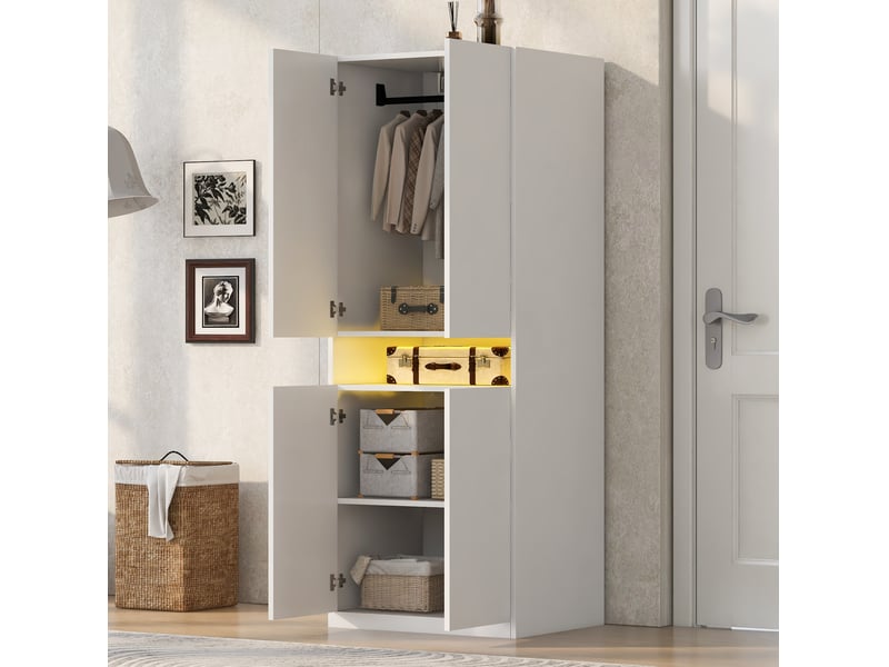  Armoire 2 portes avec niche éclairée par led et penderie, rangement pour chambre, blanche, 70 × 55 × 180 cm  - Conforama B