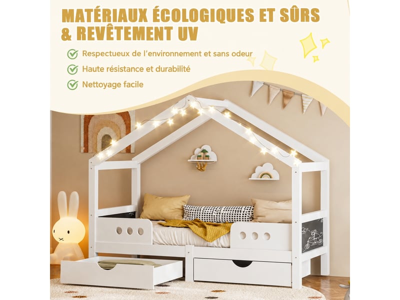  Lit cabane enfant avec deux tiroirs, bois et mdf, 90 x 200 cm, tableau ardoise, blanc  - Conforama E