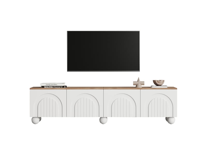  Meuble tv avec 4 portes, rangement et pieds métal pour salon 180×40×45 cm en mdf blanc et chêne  - Conforama A