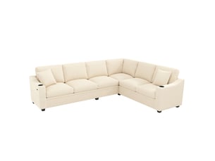 Canapé d'angle modulable 6 places en velours côtelé beige avec usbtype-c, porte-gobelets et coussins