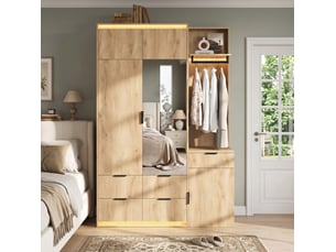 Armoire vestiaire 135x47x200 cm avec led, miroir, 2 barres de penderie et 5 tiroirs, mdf, bois, rangement vêtements