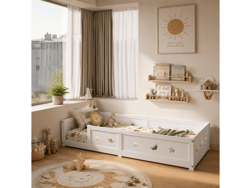 Lit enfant 90x200 cm, lit montessori au sol, cadre de lit bois avec barrières de sécurité, lit bébé avec sommier à lattes pour enfant, blanc - Conforama E