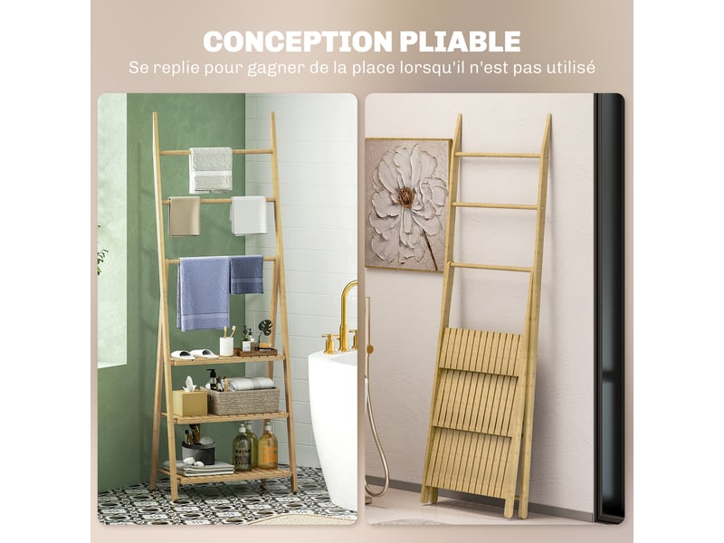  Étagère salle de bain en bambou pliable 3 niveaux étagère à échelle porte-serviettes effet bois naturel 53,5x30x153cm  - Conforama A