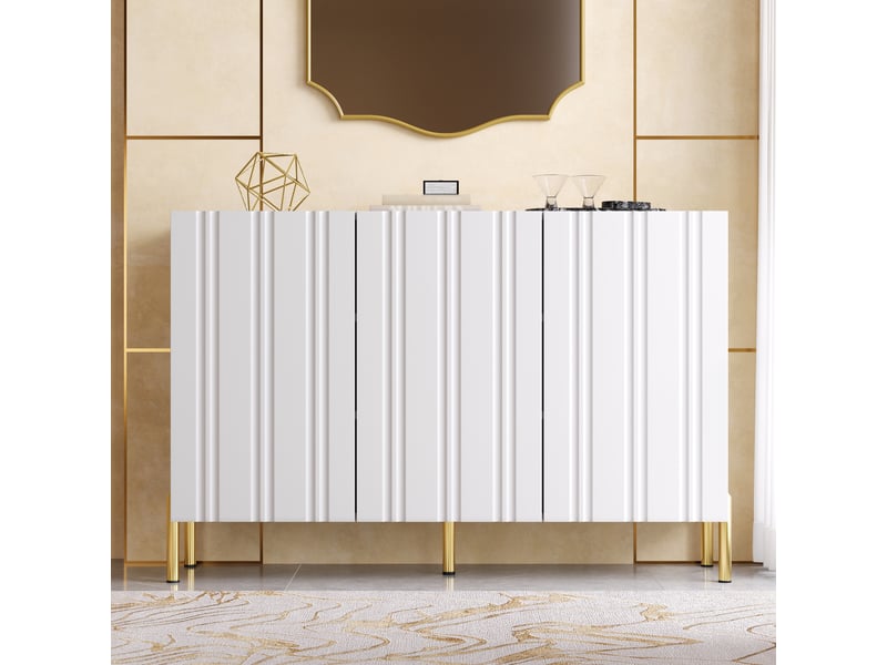  Buffet de salon - 120x35.5x80cm - 3 portes rainurées étagères réglables et pieds dorés en métal - blanc  - Conforama C