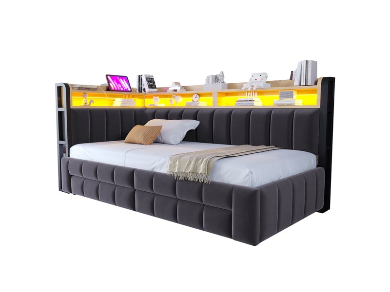  Lit banquette extensible 90 à 180 × 200 cm, avec rangement, tiroirs, étagères, led, usb-c, velours capitonné gris foncé  - Conforama A