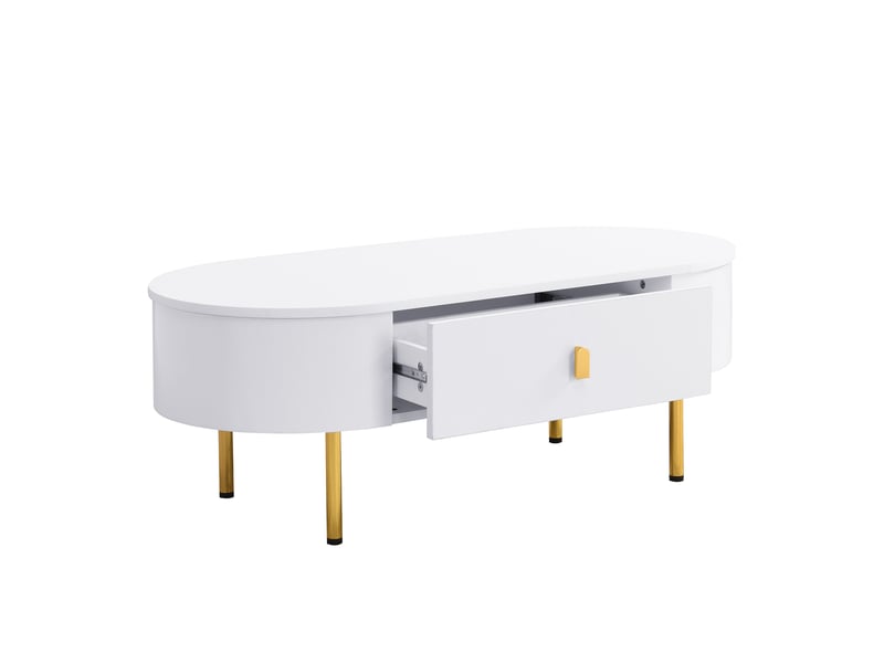 Table basse avec 2 tiroirs, poignées et pieds dorés, coins arrondis, blanc et or - Conforama E