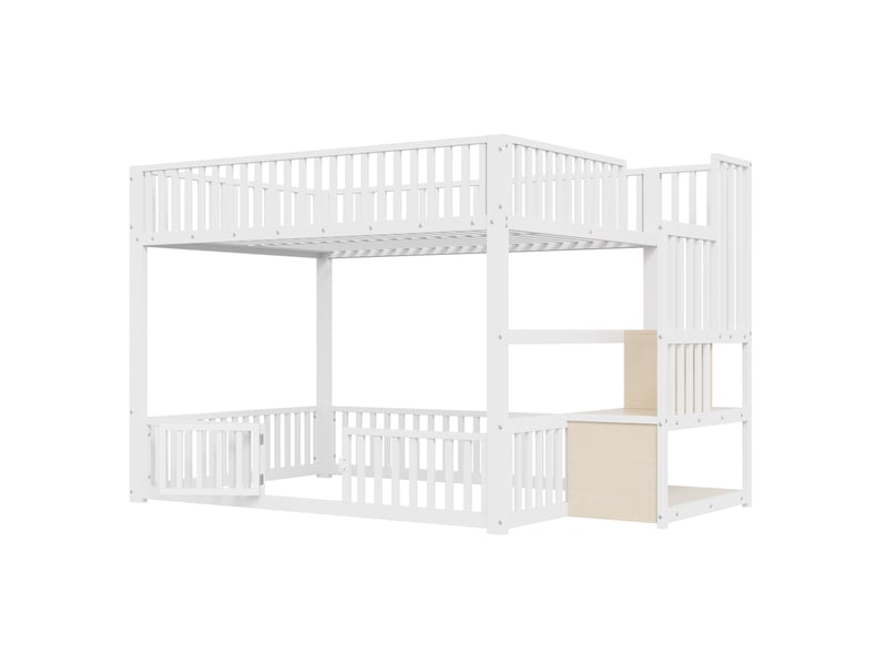  Lit superposé 140x200 cm avec échelle rangement et led, design classique, coloris blanc  - Conforama A