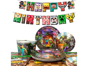 Vaisselle jetable anniversaire theme minecraft multicolore 66 pieces 2 tailles assiettes et gobelets