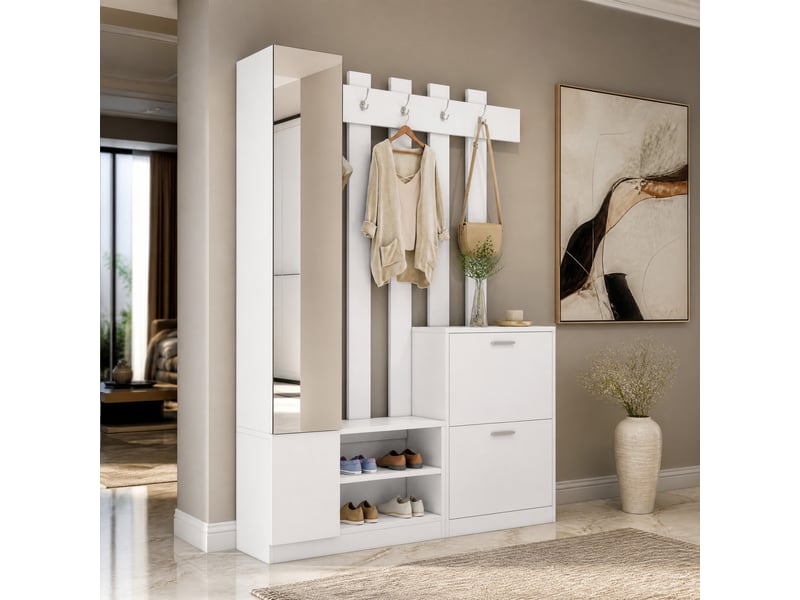  Meuble d'entrée à chaussures avec miroir, 2 portes abattantes, 5 crochets et rangements pour couloir 135×25×180 cm blanc  - Conforama C