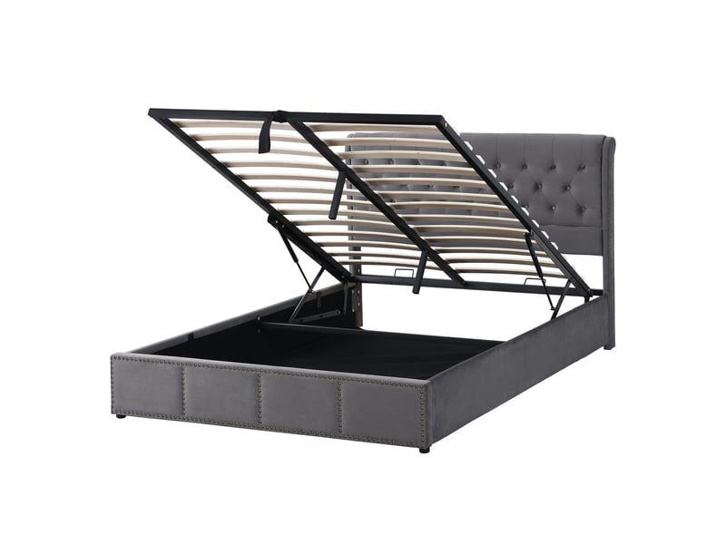 Lit coffre 140x190 cm, lit double, rangement, décor clouté, en velours, gris, sans matelas  - Conforama A