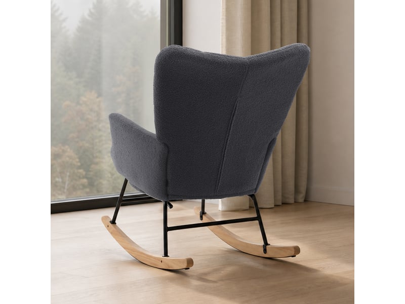  Fauteuil à bascule ulevr en tissu sherpa gris avec repose-pieds, dossier haut et structure métal-bois, 91 x 61 x 88 cm  - Conforama E