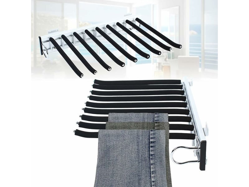  Ensoleille – porte-pantalon coulissant 9 bras – acier inoxydable – rail silencieux extensible 32,6x46cm – supporte jusqu\'à 10kg – pour armoires standard  - Conforama B