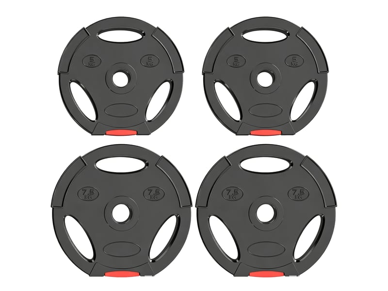 Ensemble de 4 disques de musculation pour l'entraînement, la salle de sport, les séances à domicile et le renforcement musculaire : 2 disques de 7,5 kg et 2 disques de 5 kg, noirs. - Conforama A