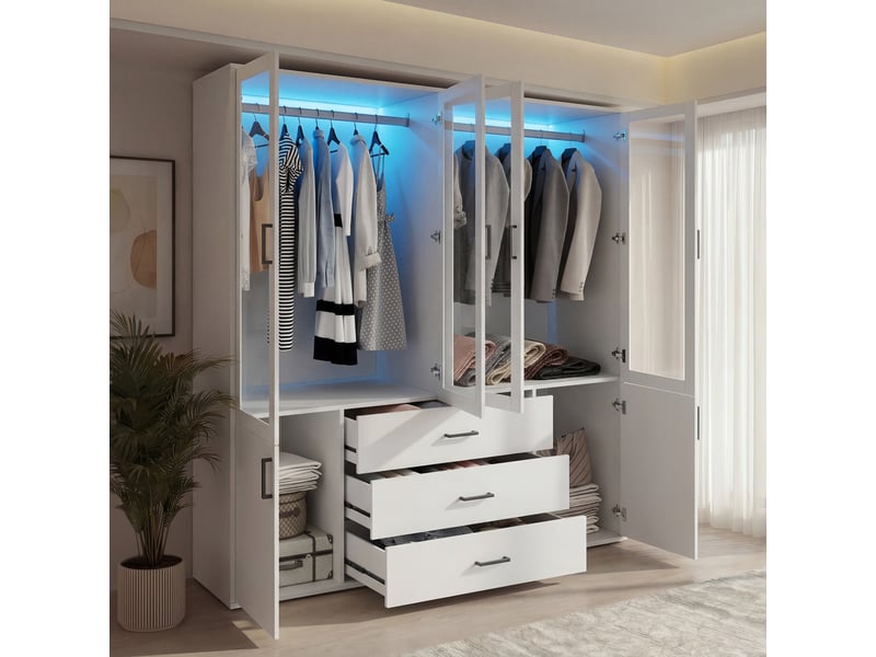  Armoire 4 portes vitrées blanche, éclairage led intégré, 3 tiroirs, grand espace de rangement pour chambre  - Conforama E