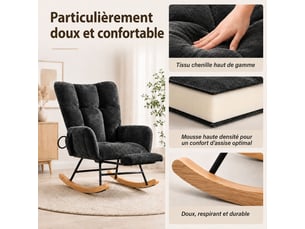 Chaise à bascule ergonomique en tissu chenille noir avec repose‑pieds rétractable, poche de rangement, structure métal et bois massif, charge 120 kg