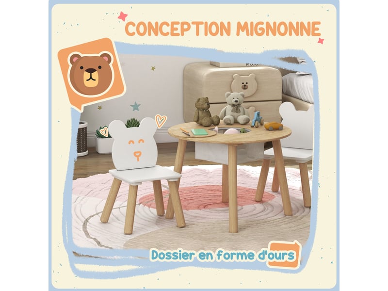  Ensemble 1 table ronde, 2 chaises pour enfant 3 pièces, dossier en forme d'ours, activités, bricolage, 3-6 ans, repas  - Conforama A