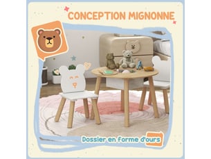 Ensemble 1 table ronde, 2 chaises pour enfant 3 pièces, dossier en forme d'ours, activités, bricolage, 3-6 ans, repas