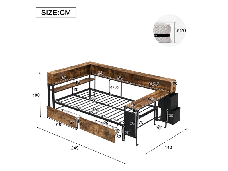  Lit une place tcqpz 120 x 200 cm avec rangement, 2 tiroirs, port de charge et table latérale noir et naturel  - Conforama C