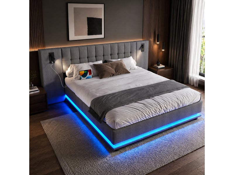 Lit rembourré 180 x 200 cm gris en lin avec led, spots et usb, sans matelas - Conforama B
