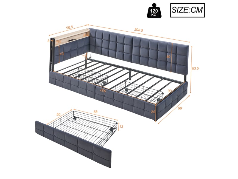 Lit banquette 90 x 200 cm, tiroirs de rangement, éclairage led intégré, ports de charge usb, structure rembourrée, pour la chambre, tissu, gris ABC - Conforama C