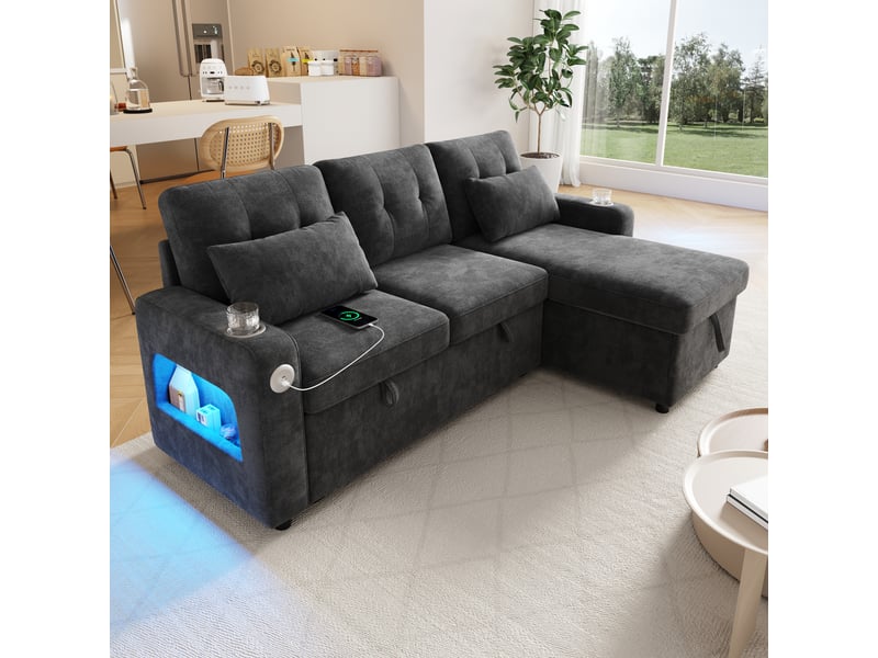  Canapé d’angle convertible en u 206 x 131 x 85 cm 3 places, double méridienne, coffre, porte-gobelets, led, usb, rangement accoudoirs, gris Bliss Lite - Conforama D
