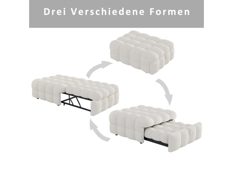 Lit banquette 2-en-1 avec pouf, convertible en lit simple, tissu bouclette beige, design moelleux - Conforama E