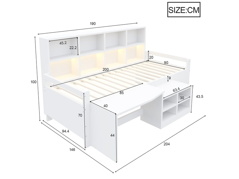  Lit enfant multifonction 90x200 cm, lit simple avec éclairage led, bureau, rangements, usb, mdf, blanc, sans matelas  - Conforama C
