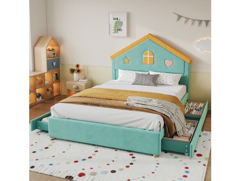  Lit enfant maison 140x200 cm avec 4 tiroirs bleu-vert sans matelas  - Conforama C