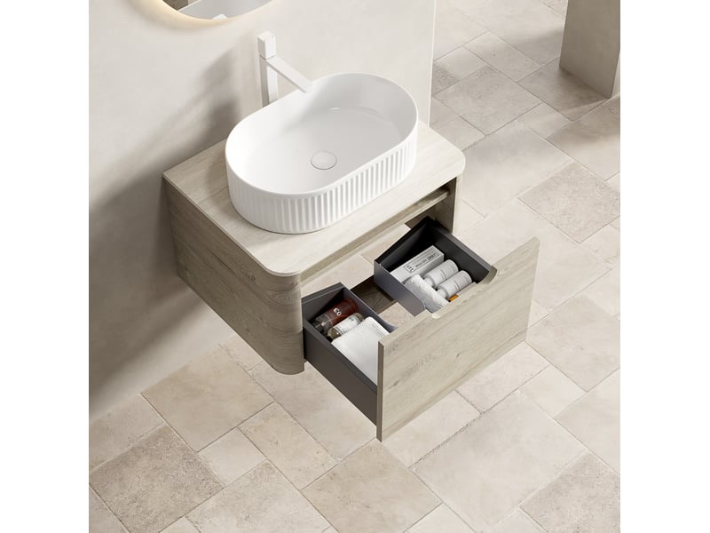  Meuble sous vasque suspendu avec 1 tiroir à fermeture amortie et vasque ovale pour salle de bain 60 × 46 × 50,2 cm  - Conforama B