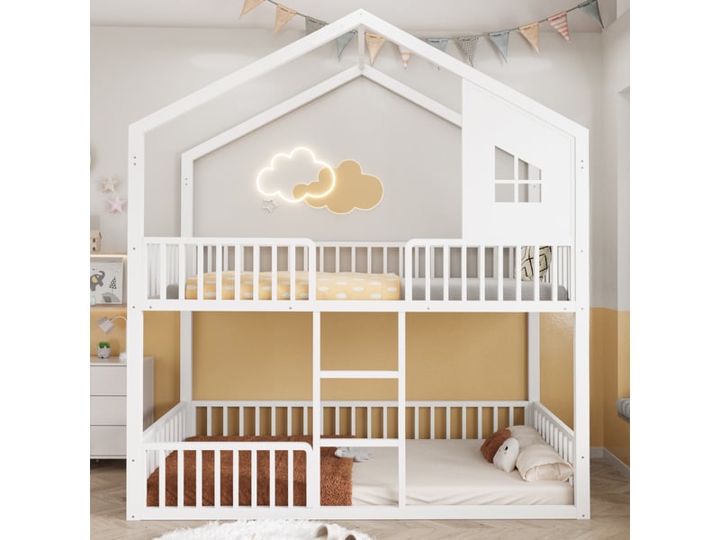 Lit superposé 90x200 cm - cadre de lit en métal - avec barrières de sécurité - blanc (matelas non inclus) - Conforama E