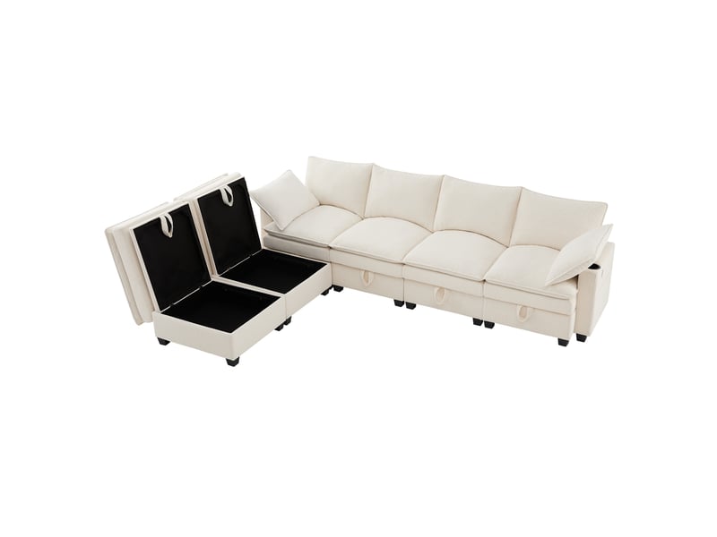 Canapé modulaire 6 places 280x152 cm – beige – rangement, usb, porte-gobelets et poufs amovibles - Conforama A