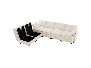 Canapé modulaire 6 places 280x152 cm – beige – rangement, usb, porte-gobelets et poufs amovibles