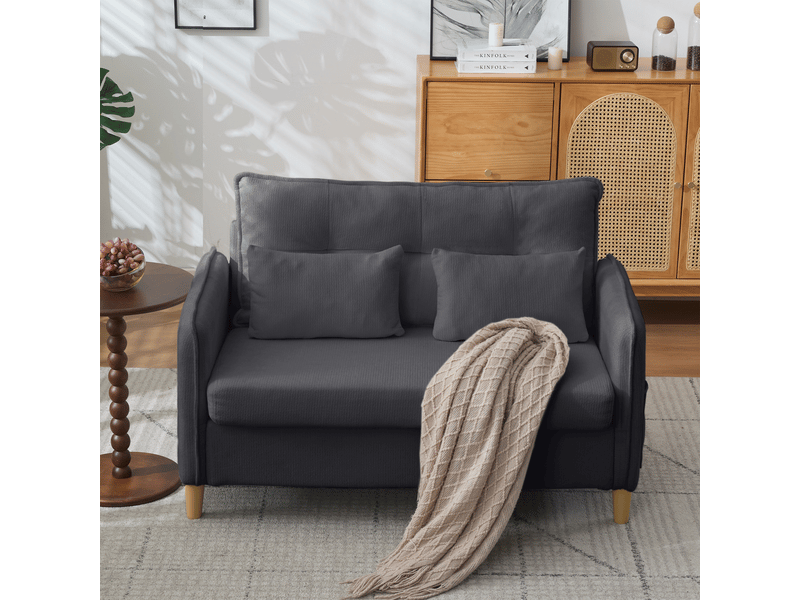  Canapé 2 places compact de 127 cm en tissu chenille gris foncé, avec accoudoirs, coussins inclus et poches latérales  - Conforama B