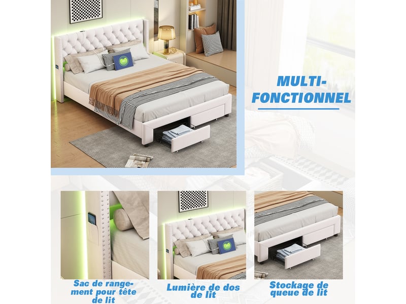  Lit double rembourré 180 x 200 cm , lit adulte avec 2 tiroirs et led ,lit capitonné ,sommier à lattes , beige , velours  - Conforama W