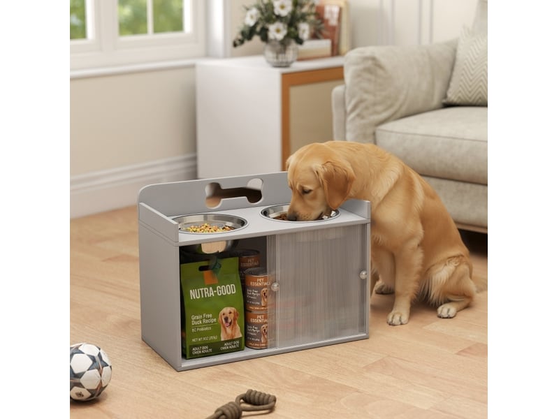 Station de repas surélevée 60x30x46 cm – gris – double bol inox avec rangement 50 l et portes acryliques - Conforama B