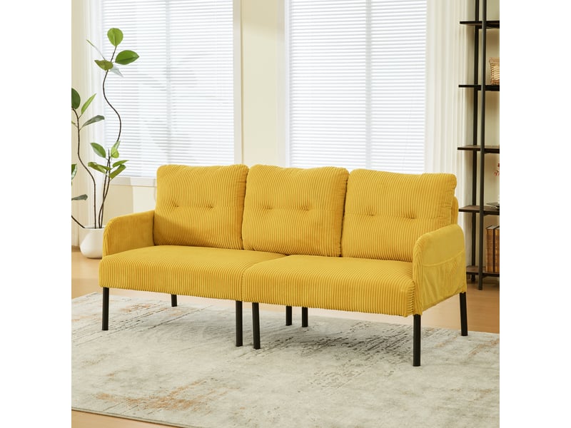 Canapé 3 places 171 x 72 x 80 cm, assise rembourrée, dossier haut, poches latérales, pieds en métal, velours côtelé, jaune Seren Glow - Conforama B