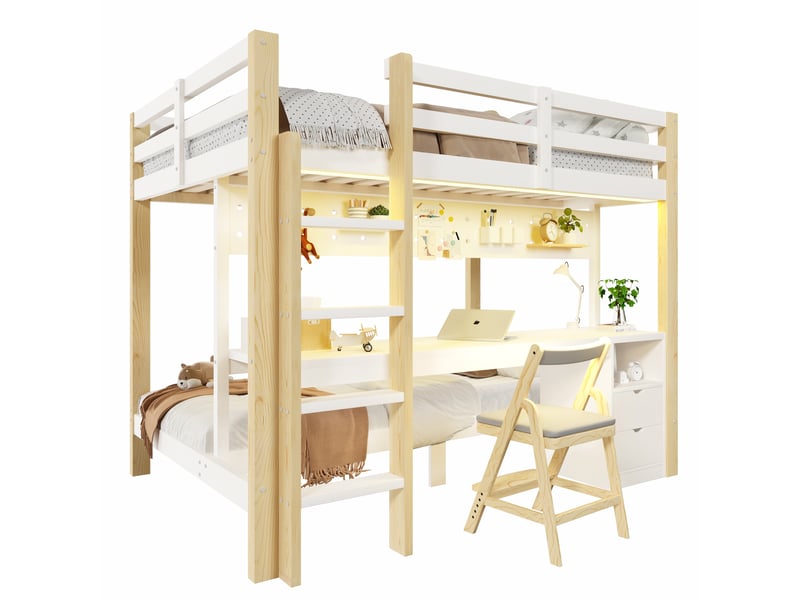  Lit mezzanine modenvie 90x200 cm et 140x200 cm en pin avec bureau, tiroirs, panneau perforé et led, blanc naturel  - Conforama A
