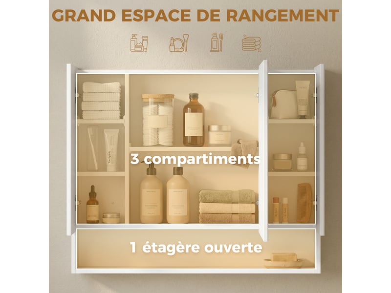  Armoire murale salle de bain avec miroir, armoire de toilette 3 portes miroir, étagères réglables, blanc, 90x15x75cm  - Conforama D