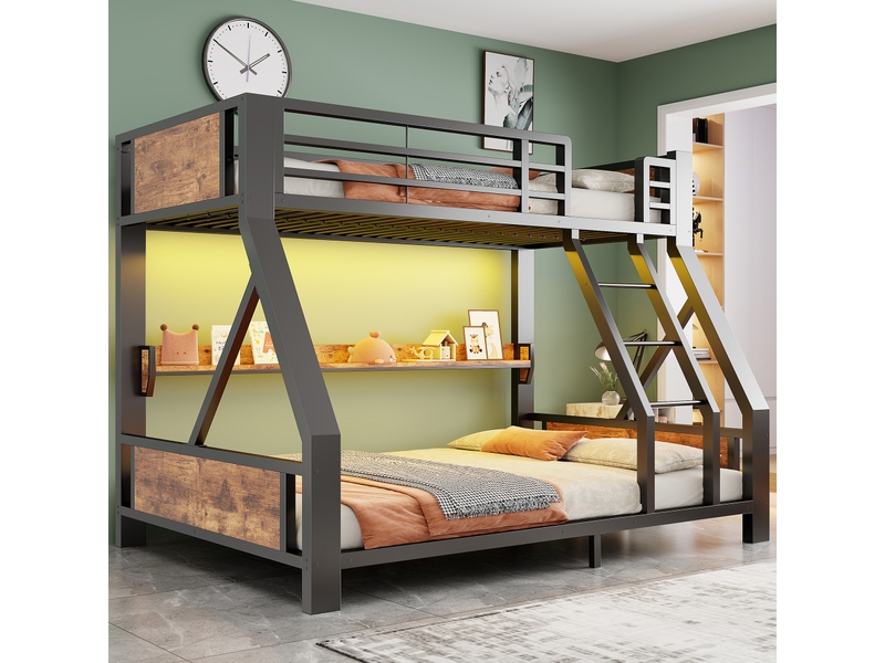  Lit superposé 90x200140x200 cm noir avec étagère et éclairage led  - Conforama D